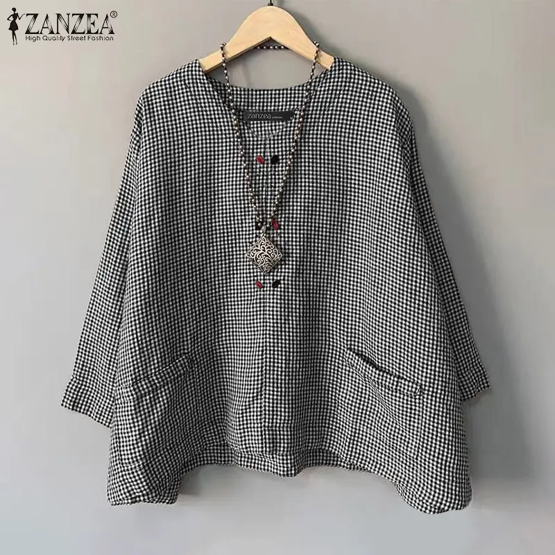 Áo Kẻ Sọc, Phong Cách Cổ Điển Dành Cho Nữ, Tay Áo 3 / 4, Túi Đôi, Cổ Chữ V Thường Ngày Có Cúc Tương Phản, Áo Cánh Chữ A, ZANZEA