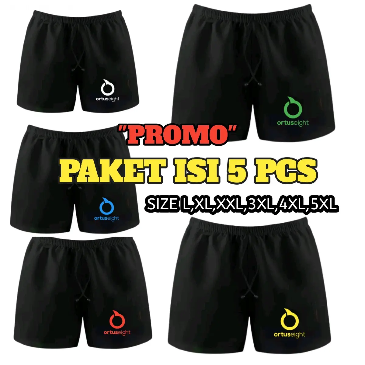 celana ortus pendek olahraga pria wanita paket 5 pcs Hitam Santai