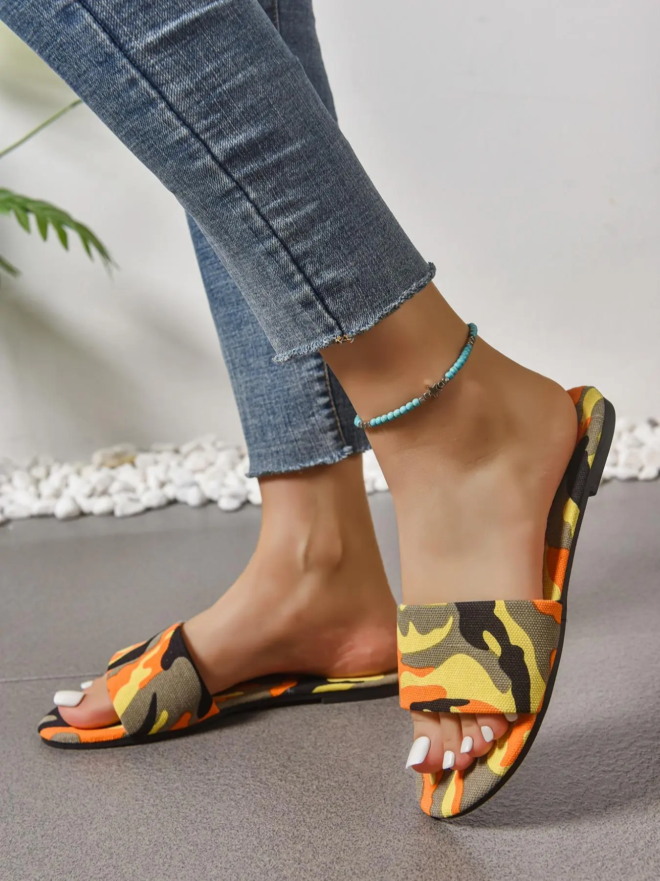 Women's Fashionable Floral Print Slides, Casual Comfortable Flat Sandals for Beach, Boho Style Barefoot Shoes for Daily Wear