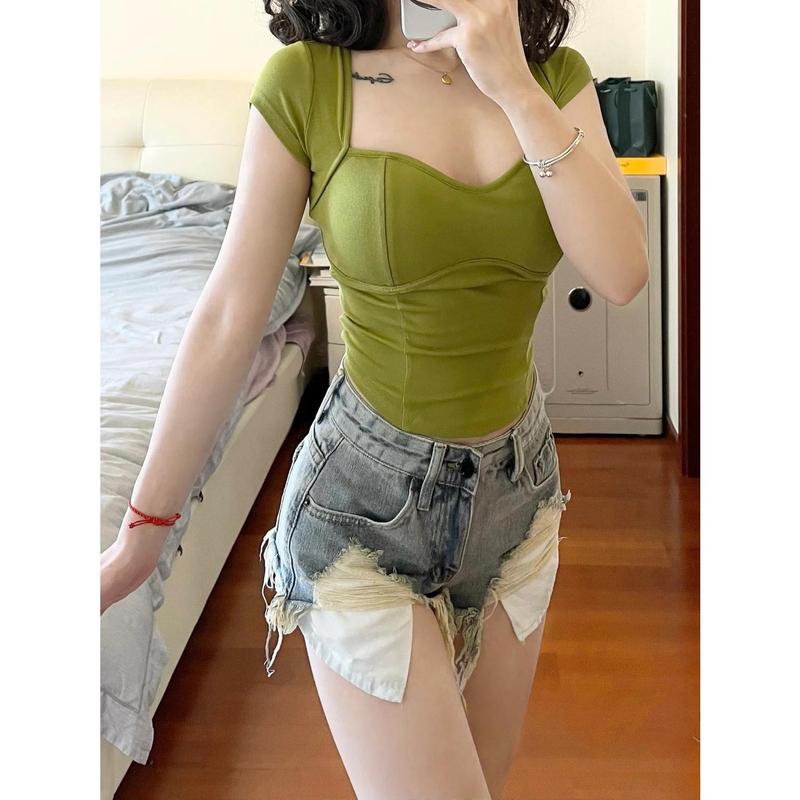 Quần Jean Rách Phong Cách Retro Mỹ Tinh Khiết Cho Nữ, Quần Ống Rộng Eo Thon Cao Cho Bé Gái Nóng Bỏng, Quần Short Thường Ngày Gợi Cảm, Mùa Hè, Women Denim，quần jean rách eo cao khoe dáng chân dài，phong cách Hàn Quốc 3