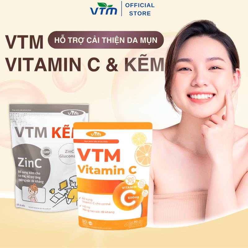 Combo Hỗ Trợ Cải Thiện Làn Da Viên Uống VTM Vitamin C Và Viên Uống VTM Kẽm - 30 ngày