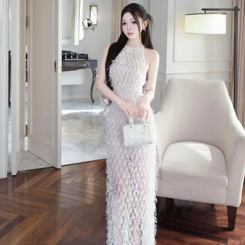Đầm váy nữ yếm lông dáng maxi chiết eo