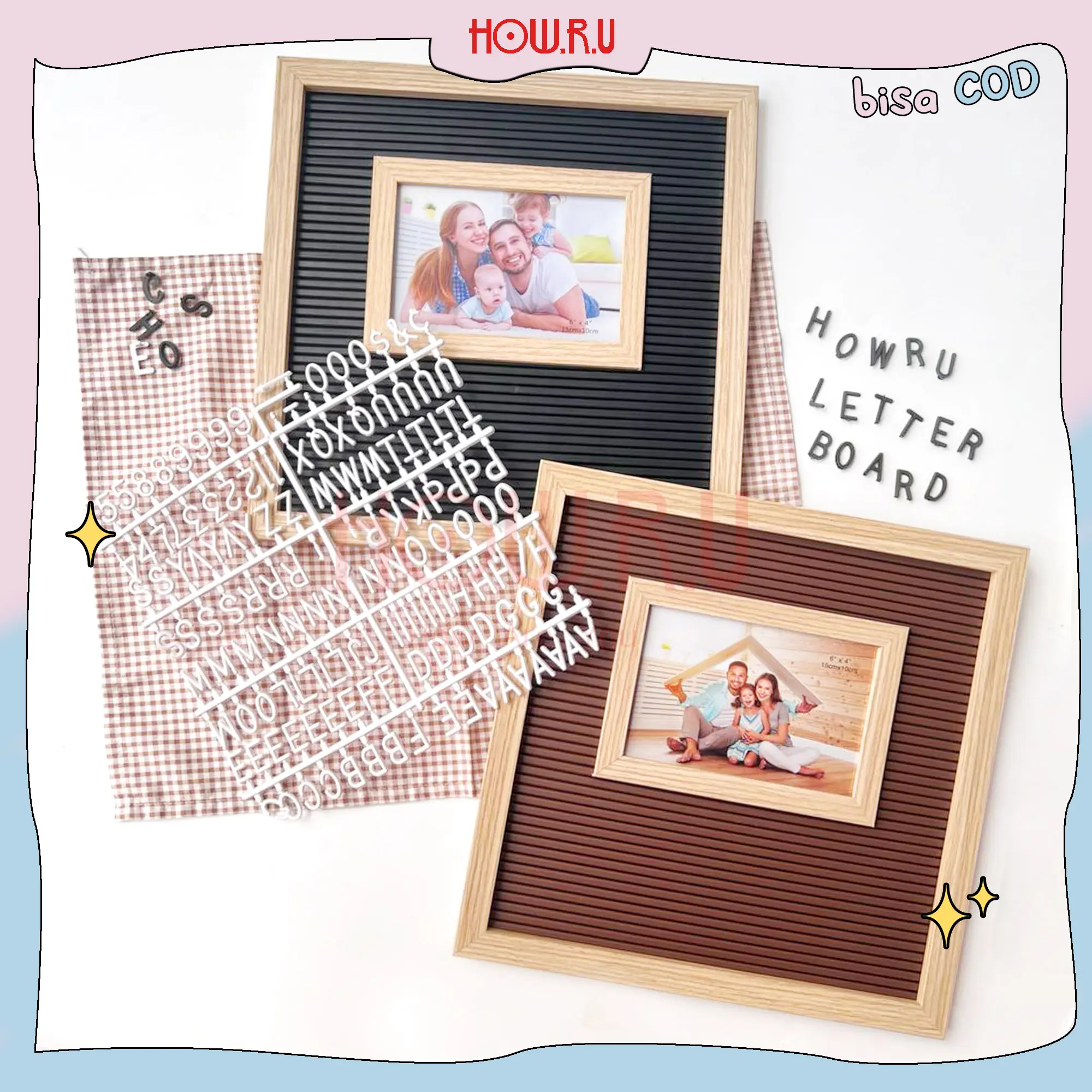 HOW.R.U | 1 Frame - Letter Board Persegi Sudah Include Huruf / Papan Nama Bayi / Papan Menu / Dekorasi Rumah Viral 30x30cm