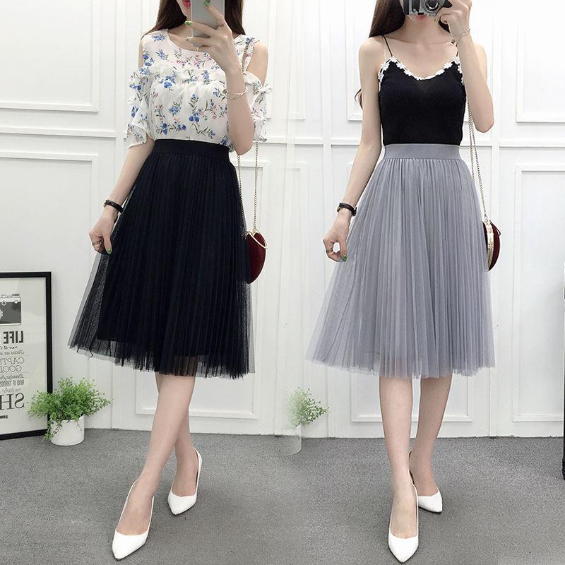 Women's Summer New Mesh Skirt Pleated A- line Skirt High Waist All-Matching Skirt Tulle Skirt 4