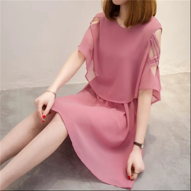 Váy Voan, Phong Cách Hàn Quốc Mới Mùa Xuân, Dài Trung Bình Và Dài, Dáng Ôm, ngắn Tay, Cạp Cao, Vai Hở, Váy Chữ A, Dành Cho Nữ Dress Women Lệch Vai Khuy Màu Hồng
