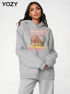 YOZY Women's Desert Landscape Print Drop Shoulder Hoodie, Fashion Casual Letter Print Hooded Sweatshirt for Daily Holiday Outdoor Wear, Women Clothing for Fall & Winter