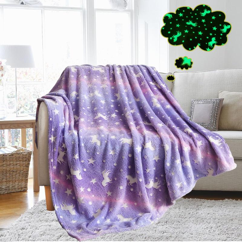 Product Introduction of Unicorn Print Glow in The Dark Throw Blanket, 1 Piece Soft Fuzzy Flannel Throw Blanket for Home Office Bed Sofa, Cozy Room Accessories Luminous Blanket for Boys Girls,  Tiktok Flannel Bedding 5