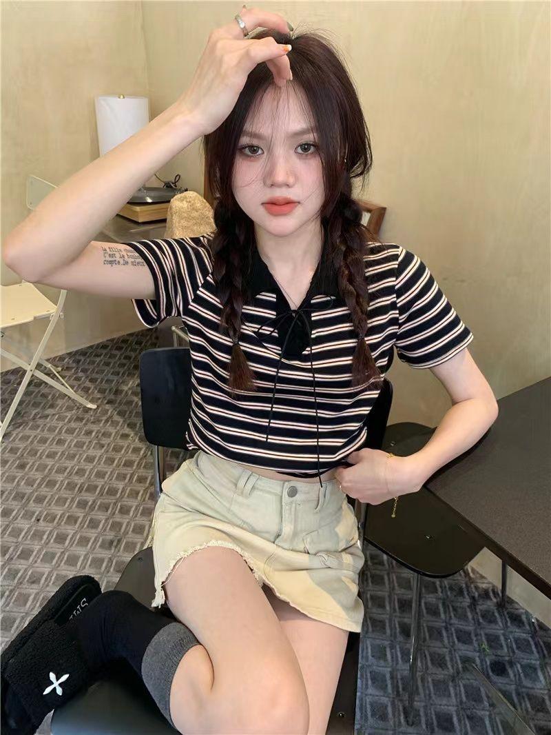 Product Introduction of Áo Thun Sọc, Cổ Polo Màu Tương Phản, Dành Cho Nữ, Phong Cách Cổ Điển Mùa Hè, Mỏng Vừa Vặn, Ngắn Tay, Áo Vai Ngắn, Bán Chạy 31