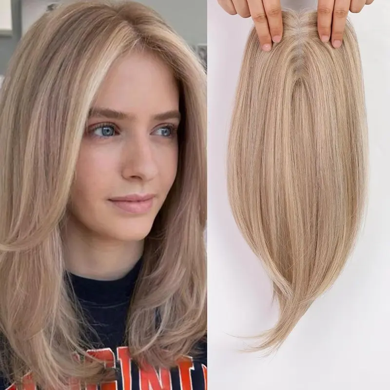 Local shipping- 14 Inch Light Blonde & Brown Hair Toppers for Women Human Hair Toppers Hair Pieces Swiss Base with 3 Clips in Wiglets Toppers for Women with Thinning Hair Grey Hair Loss 6