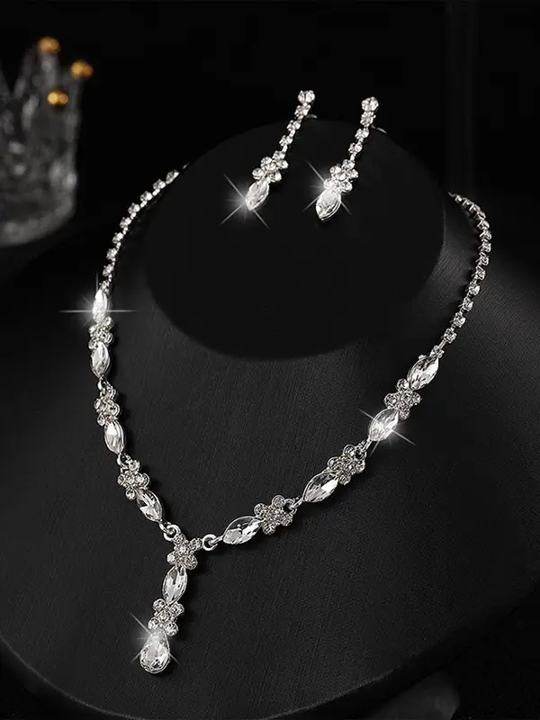 Women's Elegant Trendy Exquisite Rhinestone Necklace & Earrings, Fashion Jewelry Set for Party & Daily Clothing Decor, Birthday Gift 0