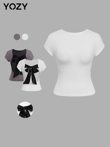 YOZY Women's Solid Color Tie Back Round Neck Tee, Casual Short Sleeve Crew Neck T-Shirt for Summer, Fashion Women's Top for Daily Wear