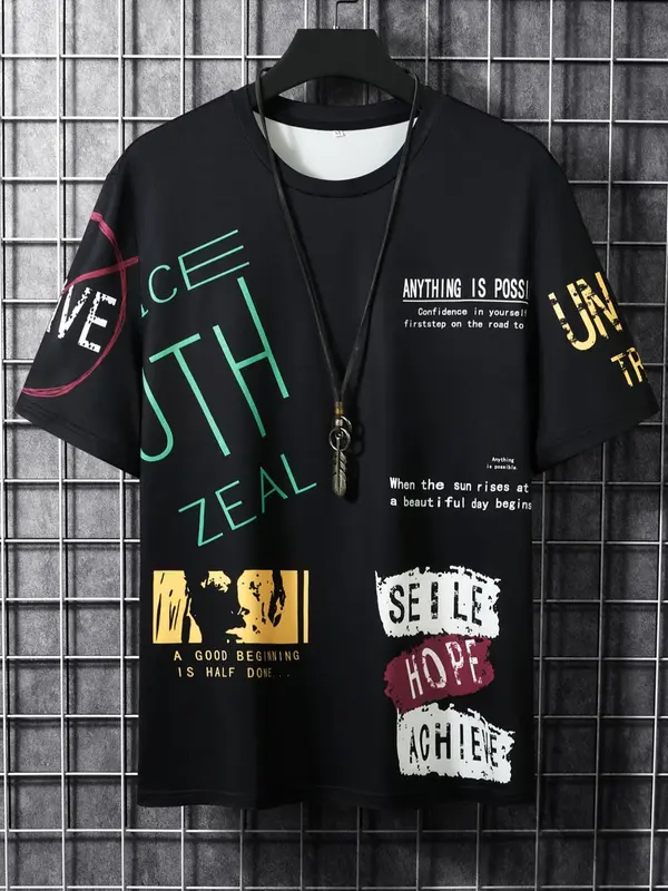 Men's Summer Letter Print Round Neck Tee, Short Sleeve T-Shirt, Casual Street Top for Men, Men Clothing for Summer Daily Wear, Summer Clothes 0