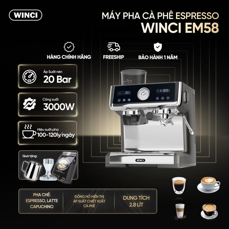 Máy Pha Cà Phê Espresso Winci EM58  Pha Chế tự động Tay Cầm 58mm Công suất 3000 W Áp suất 20 Bar 2 Boiler Tặng 1 tamper inox ,1 gói cà phê robusta 250 Gr, 1 ca inox Máy Xay Cà Phê Xay Cà Phê combo