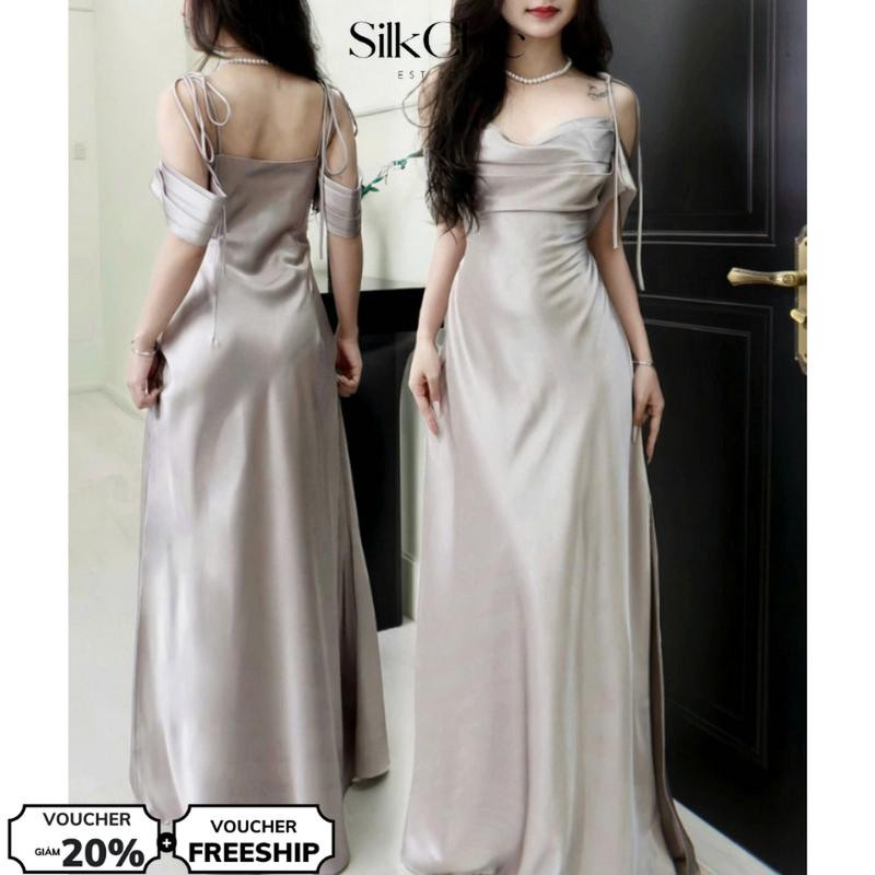  Đầm Lụa Dự Tiệc Dáng Dài Trễ Vai Xếp Li - SilkChic 636 Váy Lụa Cột Dây Mềm Mịn Nữ Women Dress Tre Đen 