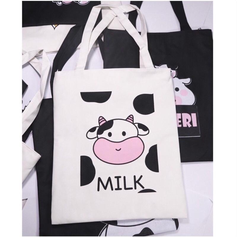 Túi tote Pilu vải thô hoạ tiết bò sữa đeo vai có khoá miệng phong cách Hàn Quốc cho nữ - Bag 2
