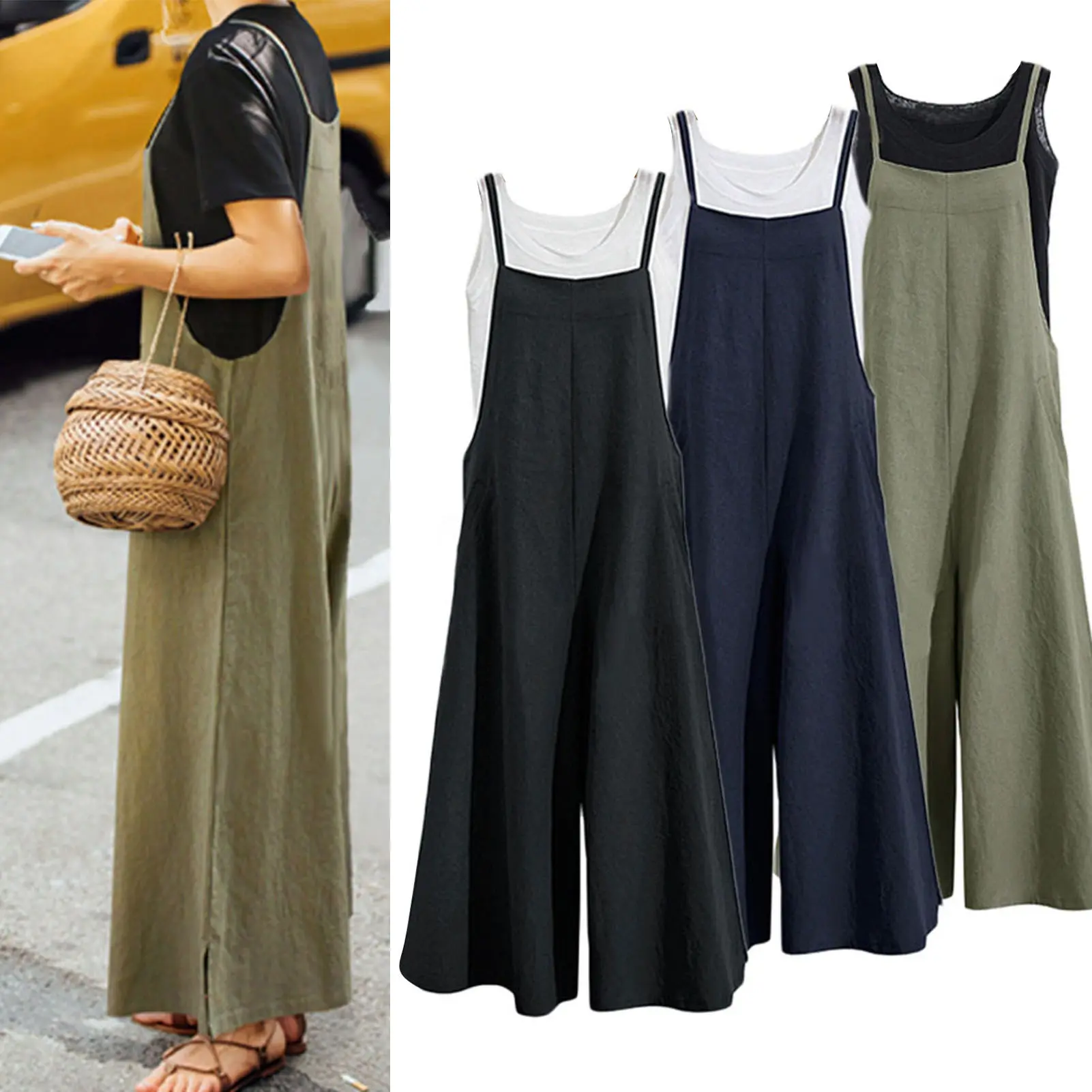 Bqudyzy Summer Romper Solid Color Baggy Casual Simple Backless Oversized Square Neck Adjustable Shoulder Strap Wide Leg Summer Jumpsuit Female Clothes
