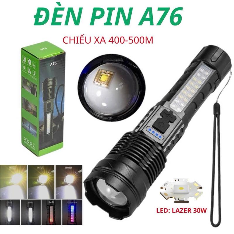 Đèn PIN Cầm tay siêu Sáng A76, Ánh sáng Laser trắng, Đèn Cảnh Báo nhấp nháy, dung lượng 1800mah, chống thấm nước IP65. đèn pin sát 7 chế độ cho nam den mau bảy có che