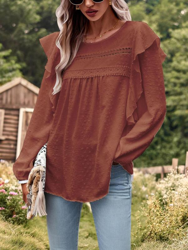 Women's Plain Contrast Lace Swiss Dot Ruffle Trim Blouse, Boho Bishop Sleeve Keyhole Back Top for Fall & Winter, Women's Clothing for Daily Wear 2