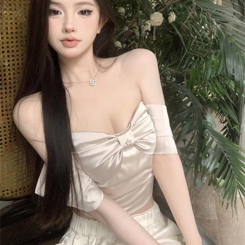  Áo Ngắn Lụa Có Nơ Cho Nữ Áo Ngắn Xếp Ly Dáng Ôm Hở Vai Đa Năng Thời Trang 