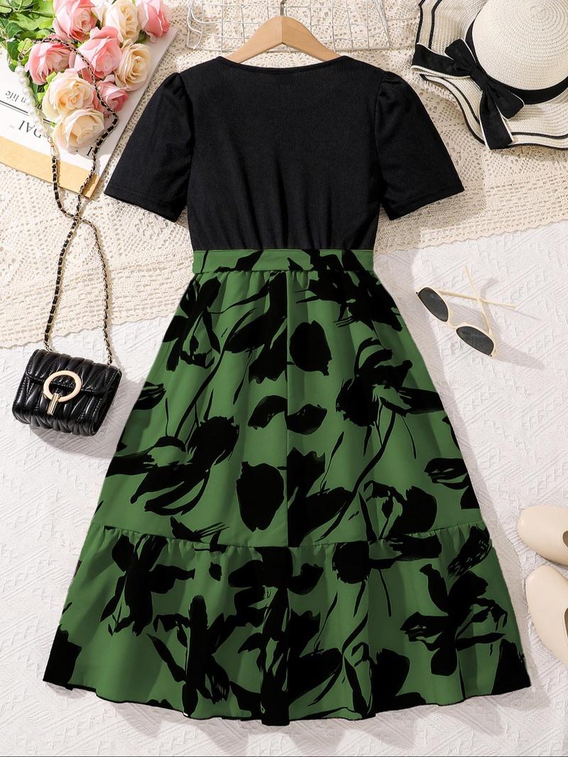 Product Introduction of Girl's Floral Print Belted A Line Dress, Elegant Fashion Casual Short Sleeve Dress for Daily Outdoor Wear, Girls Dress for Summer 8