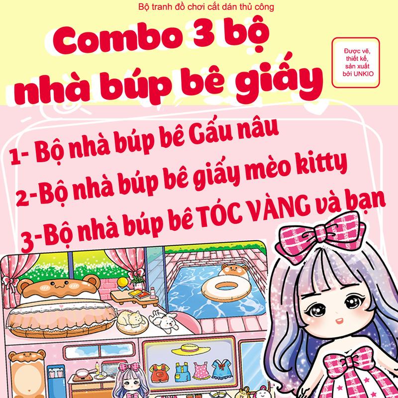 Combo 3 bộ tranh NHÀ BÚP BÊ GIẤY-đồ chơi giấy cắt dán thủ công