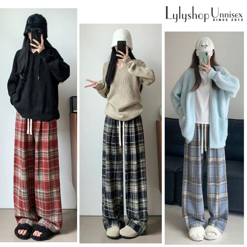 Quần dạ kẻ caro ống rộng LylyshopUnisex vải Dạ lông dày bịch phù hợp mùa thu đông Nữ Ong Women Pants