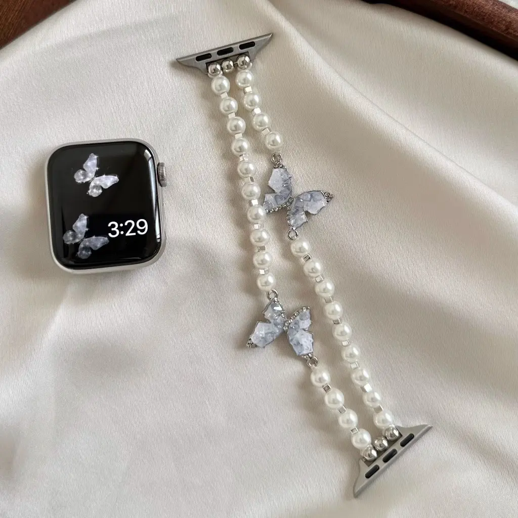 Tali Rantai Mutiara Rama-rama, Reka Bentuk Kreatif, Untuk iWatch Siri 9, 8, 7, 6, 5, SE, 4, 3, 2, 1, Gelang Tangan, Saiz 49mm, 44mm, 45mm, 42mm, 40mm, 38mm, 41mm, Fesyen, Buatan Tangan