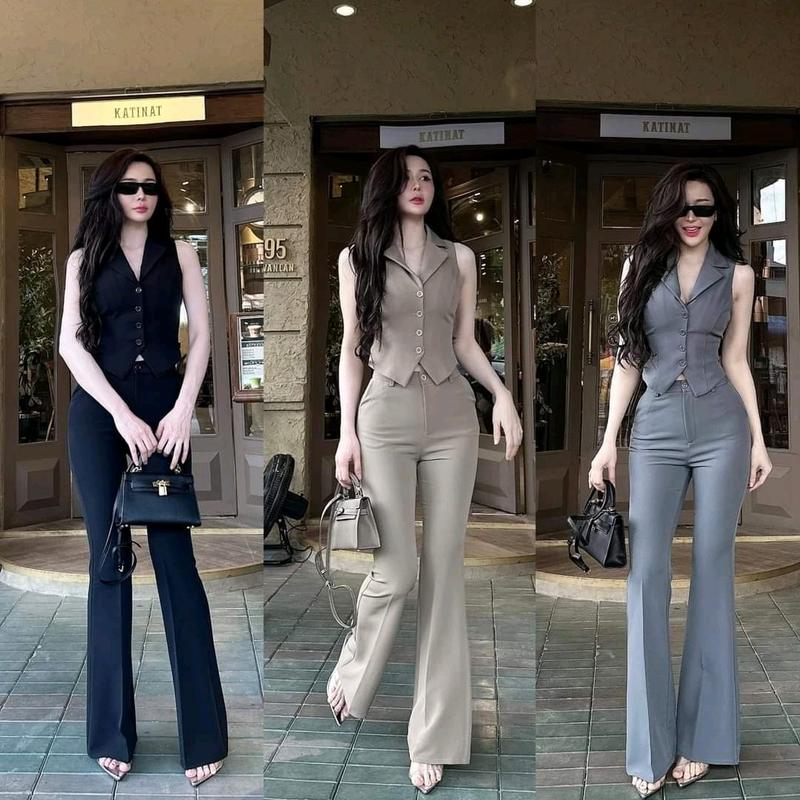 sét áo vest sát nách ( dài áo 50cm ) + quần ống loe nhẹ ( dài quân 102 cm) . chất vải bố rubby hàn Quốc có độ giản nhẹ Nữ Women Polo Top Ong