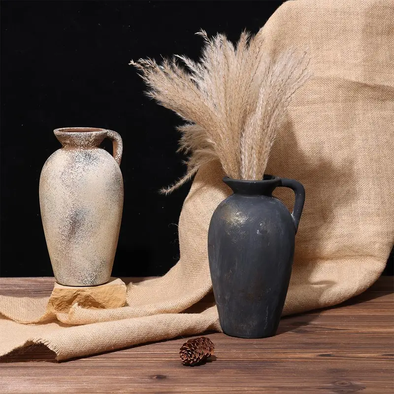 Rustic Ceramic Vase, 1 Count Vintage Farmhouse Pottery Vase with Handle, Home Decor for Living Room, Entryway, Wedding 7