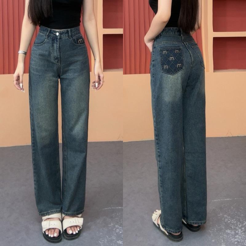 Quần Jean Nữ Ống Suông Dáng Ngắn Và Dáng Dài Cạp Cao Màu Đậm Túi Thêu Chữ M Q288