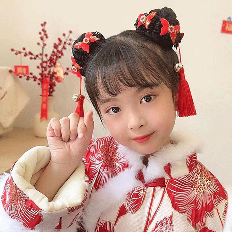 Product Introduction of Tóc Giả Trẻ Em, Phụ Kiện Tóc Scrunchies Bóng Tua Rua, cài tóc Cô Gái Năm, Phong Cách Cổ Trang Mới, C4J1 26