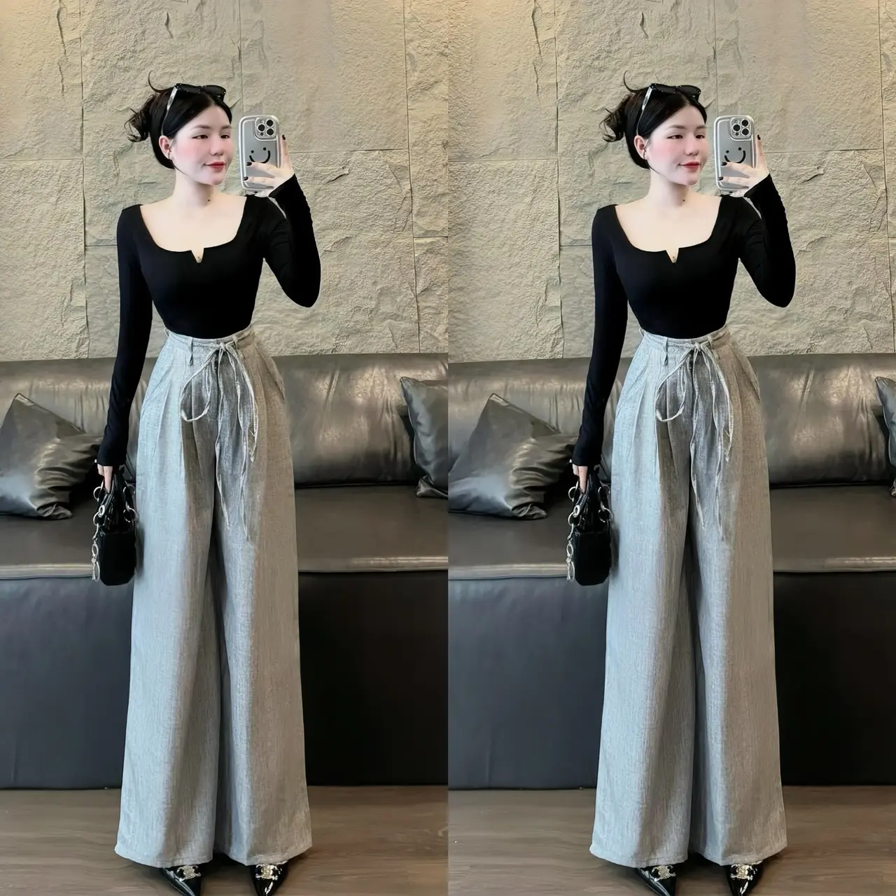 Set Đồ Nữ Áo Tay Dài Cổ Vuông  Kèm Quần Dài Tuyết Mưa Ống Rộng Dáng Dài Xinh Xắn Dành Cho Các Nàng Diện Đi Chơi Women Nhung Top
