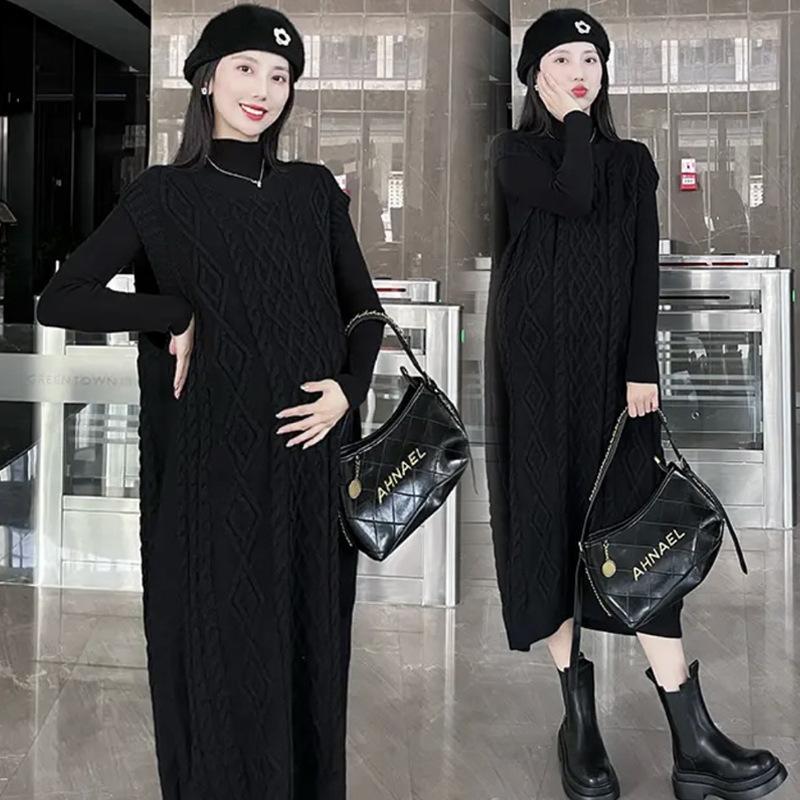 Young Mom | Bộ yếm bầu sang trọng SET228 gồm áo và váy yếm form suôn A chất vải Len dày dặn sang trọng mùa Đông ấm áp Thai sản Thai kỳ Thoải mái Váy Bầu Voi Đầm Bầu Sandal Dài Tay