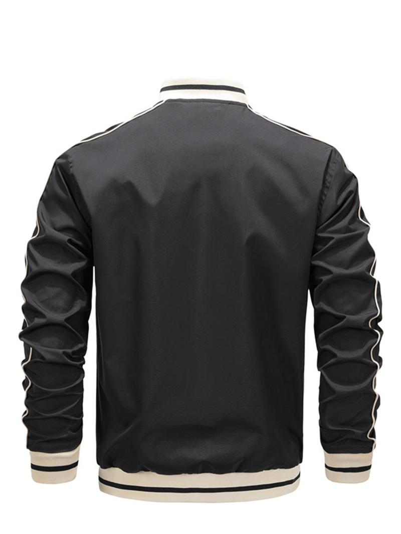 Product Introduction of Men's Striped Trim Zip Up Bomber Jacket, Casual Comfy Long Sleeve Baseball Collar Outerwear for Spring & Fall, Fashion Men's Clothes for Daily Wear 2