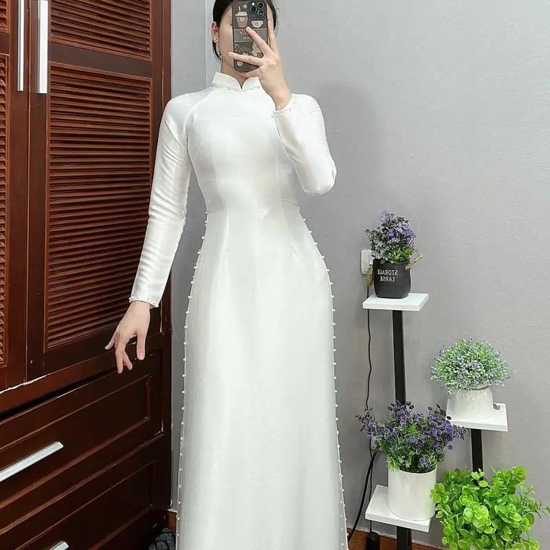 Áo dài lụa vân gỗ 4 màu kiểu dáng truyền thống Nữ Dress 3