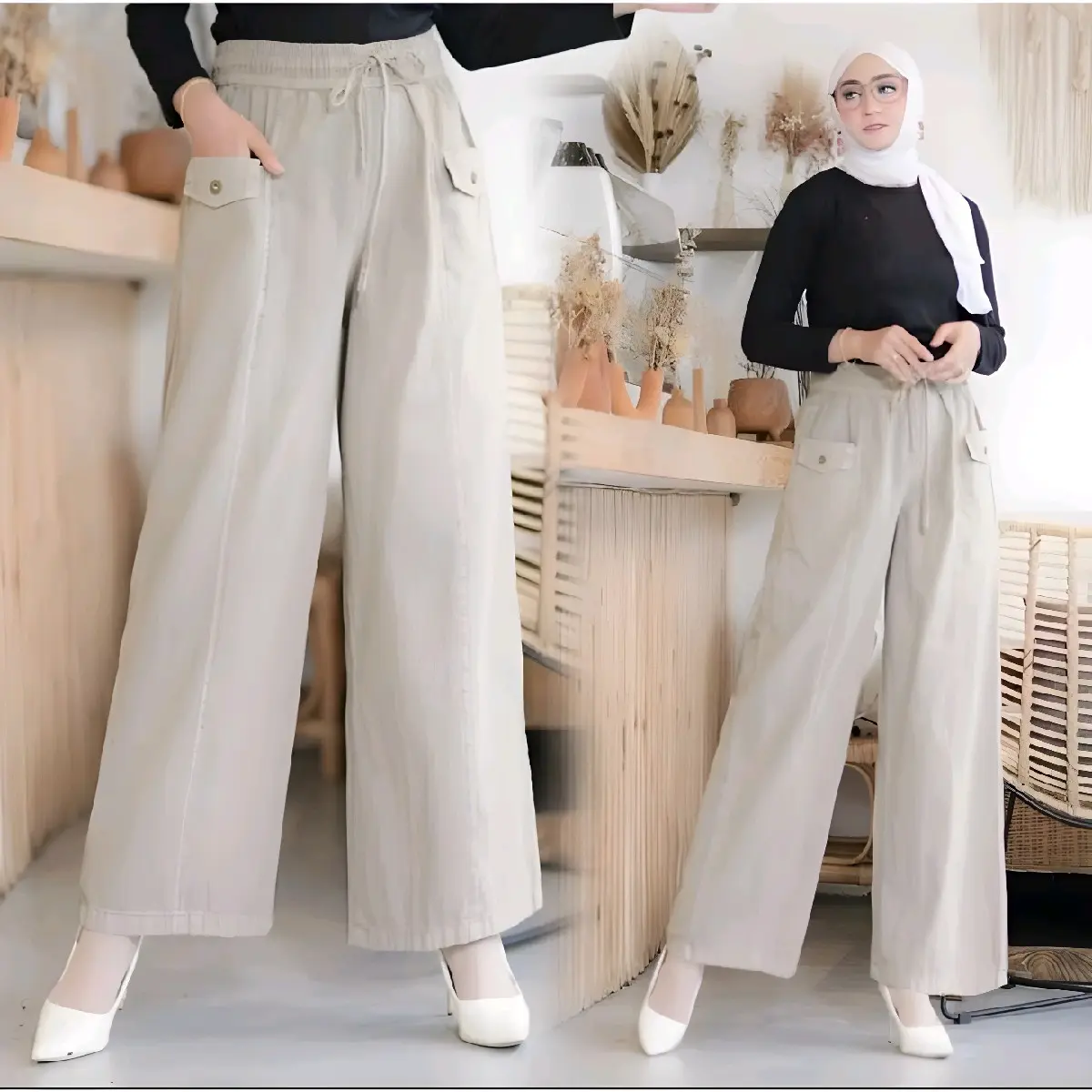 Viona Celana Kulot Panjang Wanita Linen Polos Pinggang Karet Melar Nyaman Casual Style