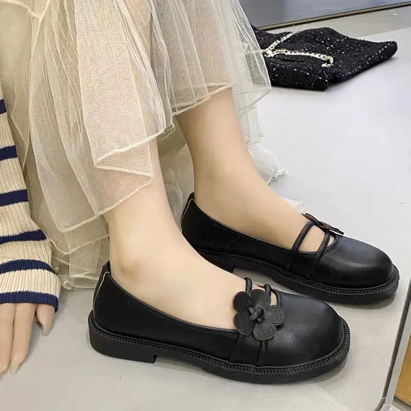giày búp bê lobita nữ 5cm cài hoa trà chất da mềm Mũi tròn Shoes Giày Bệt 5