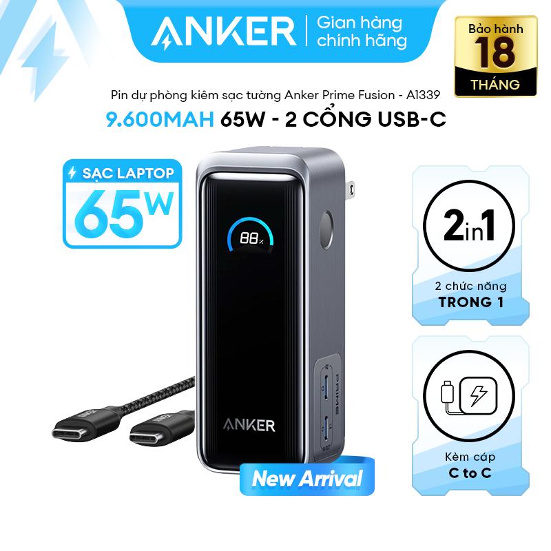 Pin Sạc Dự Phòng Kiêm Sạc Tường ANKER Prime Fusion 9600mAh 65W - 2 cổng USB-C - kèm cáp (USB-C sang USB-C 3,3 ft, 100W, Briaded) - A1339