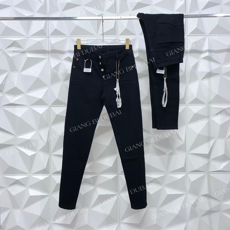 Quần jean đen pơ pồ cúc đồng mác vải lụa dây sích dập nhăn túi ống chân L3046 Menswear Pants Nam Có Túi đen trơn