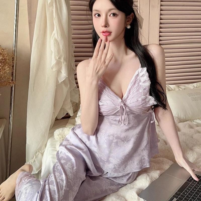 Bộ Đồ Ngủ Lụa, Phong Cách Gợi Cảm, Dành Cho Nữ, Mùa Xuân Và Mùa Thu, Quần Dài Dây Đeo Ren, Mặc Nhà Mùa Hè, Bộ Bốn Mảnh Hình Bướm Tím, Mới Cho Năm 2025 6