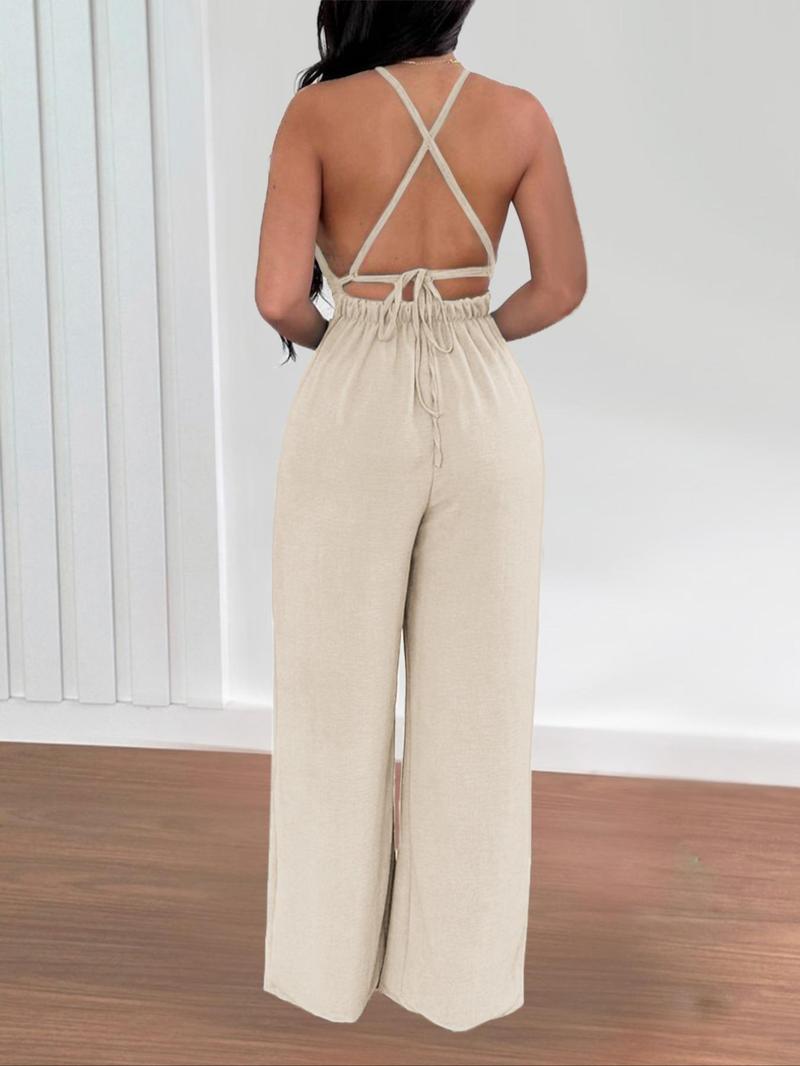 Product Introduction of Women's Solid Color Backless Jumpsuit, Elegant Fashion Casual Wide Leg Jumpsuit for Daily Outdoor Wear, Ladies Clothes for All Seasons 7