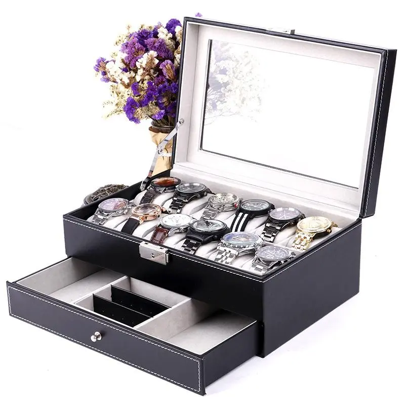 Watch Storage Box, 1 Count 12 Grids Watch Organizer with Glass Lid, Jewelry Storage Box, Home Organizer for Watch & Jewelry