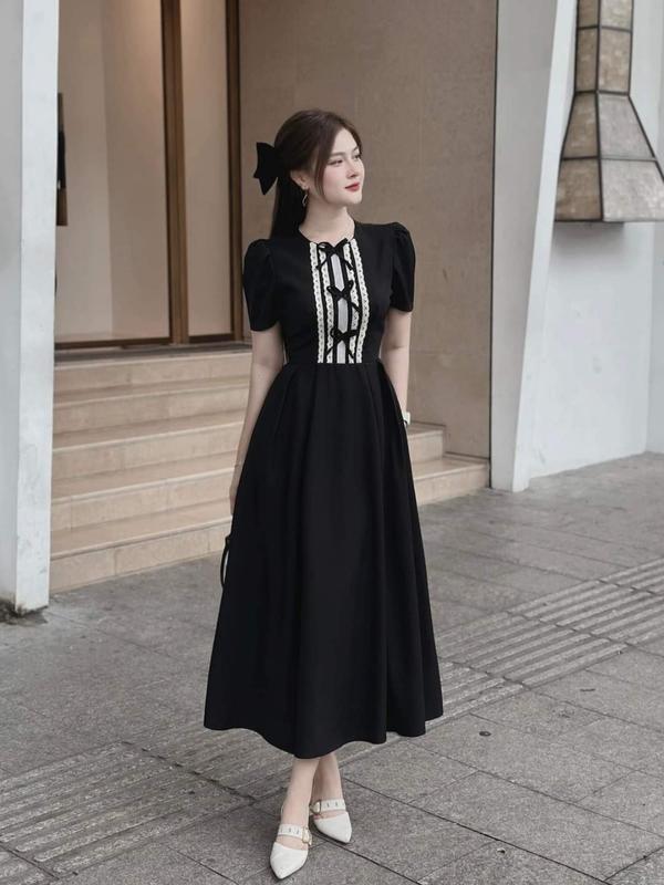 Váy tuyết mưa xếp li phối trước kèm nơ dáng ôm xinh lắm Nữ Women Kem Dress Màu Đen 1