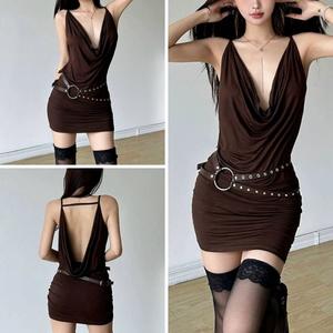 เดรสเซ็กซี่ สีน้ำตาล มีเข็มขัด BR001