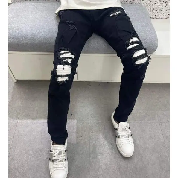 Shop men's beautiful and personality painted strap long black jeans jean pants soft thin section High stretch jeans 2