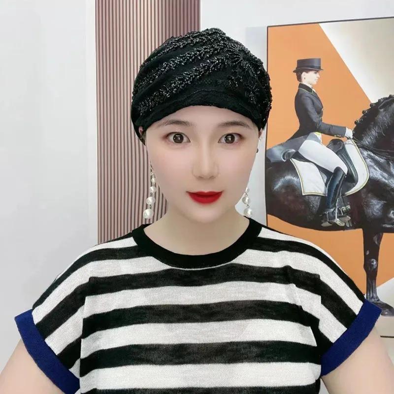 Glitter Diamonds Embroidery Lace Turban Hats for Women Muslim Headscarf Head Wraps Caps Female Daily Beanie Hair Cover Cap 7