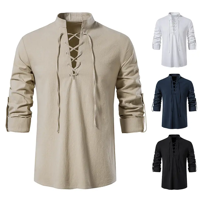 Kemeja Henley Linen Kapas Lelaki, Lengan Panjang, Gaya Hippie, Baju Kolar Berdiri Pantai Kasual, Saiz Eropah, Ketibaan Baru pada tahun 2025
