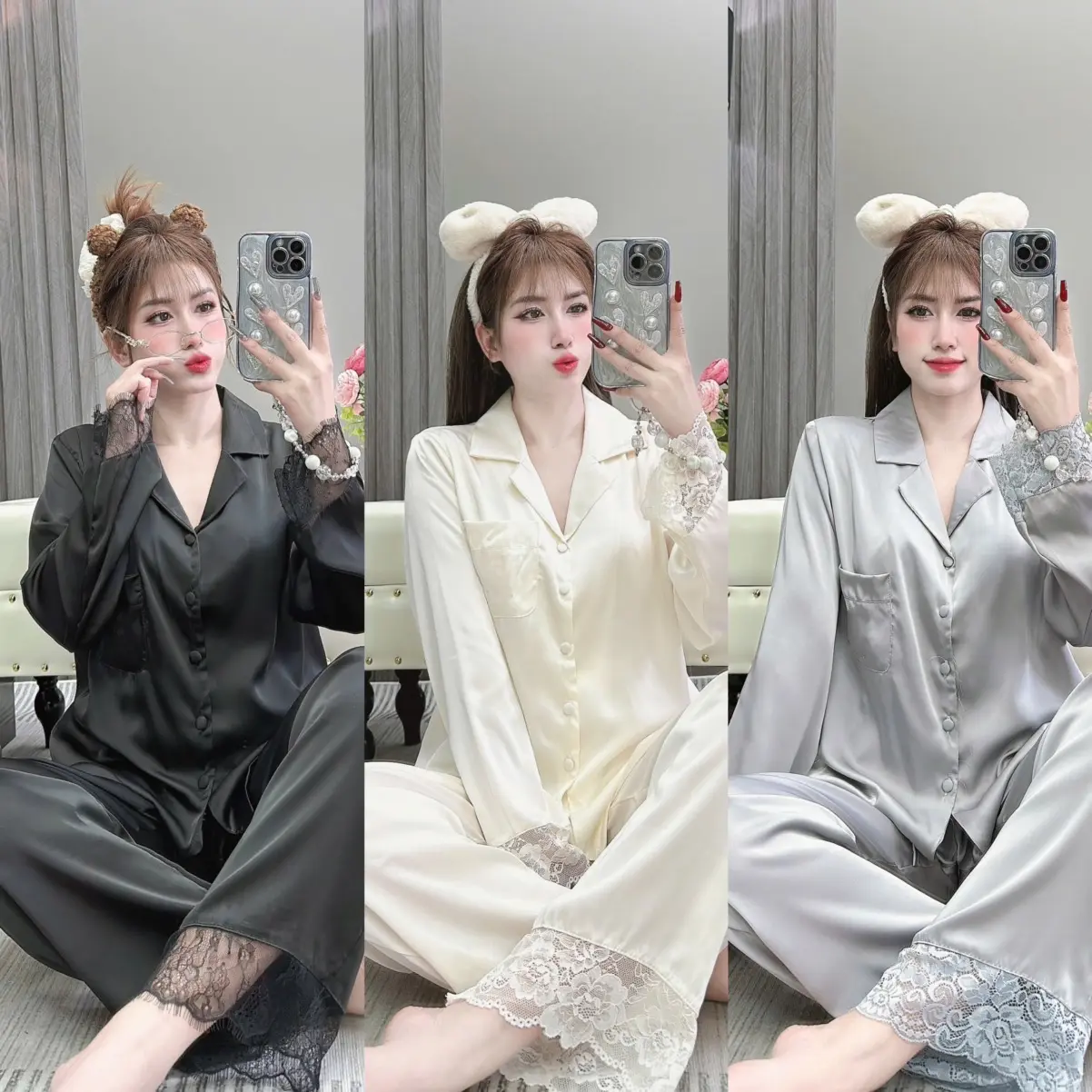 (Túi Đính Đá)- Bộ Ngủ Nữ Pyjama Lụa Latin Phối Ren Dễ Thương Vải Mềm Mịn Quần Có Túi Women