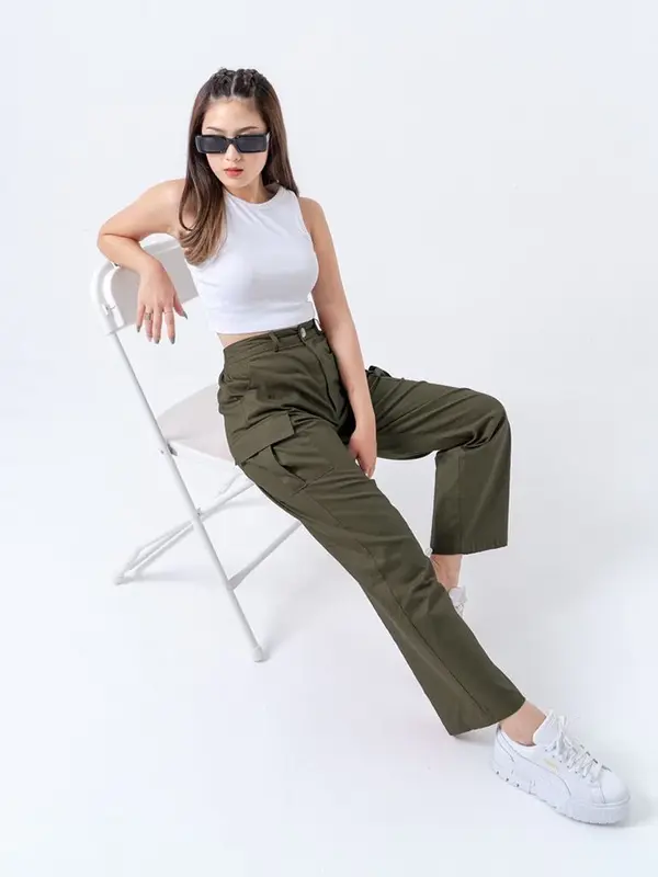 Cargo Pants Wanita - Celana Cargo Pants Wanita - Cargo Highwaist Loose Pants American Drill 0