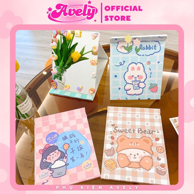 Gương để bàn gấp gọn bìa giấy dễ thương, Gương gấp gọn da PU full viền, Gương gấp cute - AVELY Store